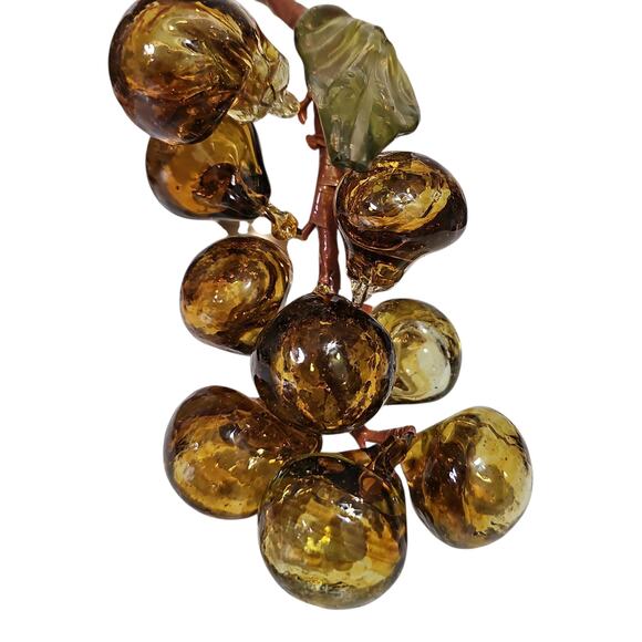 Vintage Handblown Amber Murano Glass Grapes Cluster Leaf MCM Decorative Glass - Picture 8 of 14